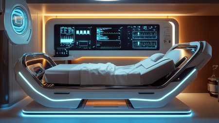 3D rendering of a medical bed in a modern room illuminated with glowing lights