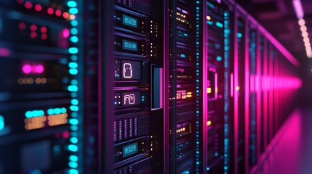 Server room data center. Backup, mining, hosting, mainframe and computer rack with storage...