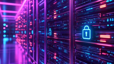 Data security concept. Padlock on server room background. 3D Rendering
