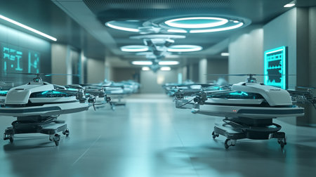 3D rendering of a flying drone in a modern medical center.の写真素材