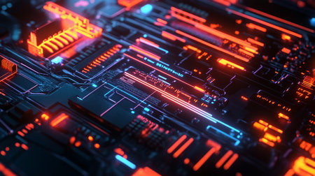 3d render of circuit board with neon lights. Technology concept.