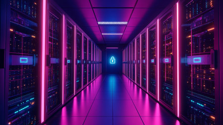 Server room data center. Backup, mining, hosting, mainframe, farm and computer rack with storage...