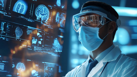 Young male doctor in white coat and goggles looking at x-ray image