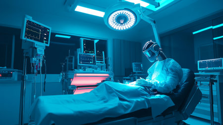 surgeon in operating room with art lighting and blue filter