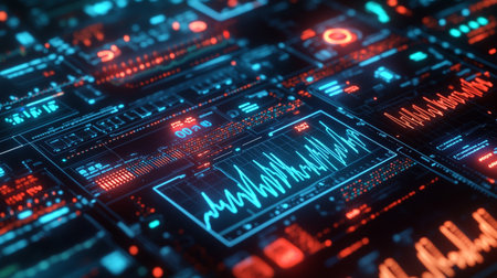 Futuristic technological background with glowing lines and icons 3D rendering
