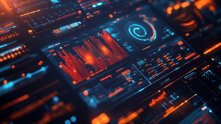 Futuristic blue and orange background with glowing graphs. 3d renderingの写真素材