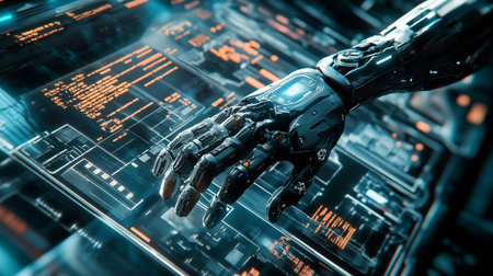 Cyborg hand touching digital screen with binary code. 3d rendering