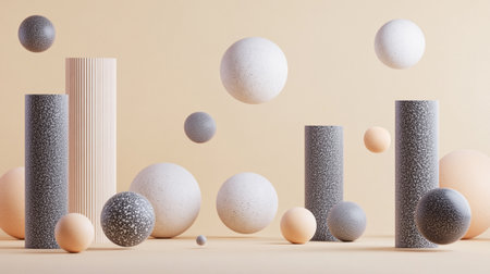3d rendering of abstract minimal geometric forms. Glossy black and white balls on pastel background.の写真素材