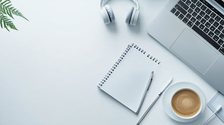 White office desk table with laptop, coffee cup and notebook. Top view with copy space