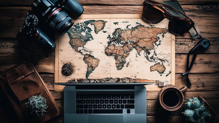 Traveler's accessories and laptop on wooden background. Travel concept.