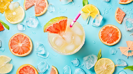 Cocktails with grapefruit, lemon and ice on blue backgroundの写真素材