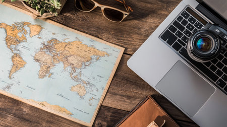 Overhead shot of travel accessories on wooden table with laptop and map