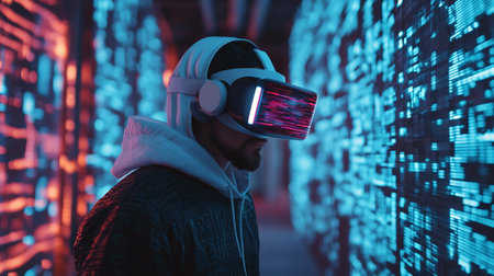 Young man wearing virtual reality goggles in cyberpunk style. Future technology concept.