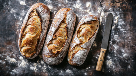 Freshly baked baguette on rustic background. Top view