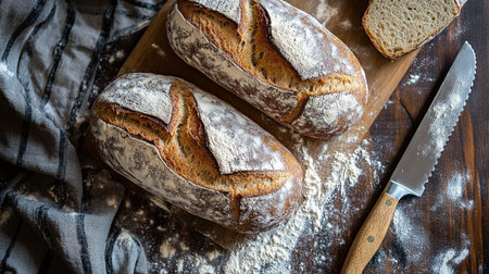 Freshly baked bread on a wooden table with flour and a knife