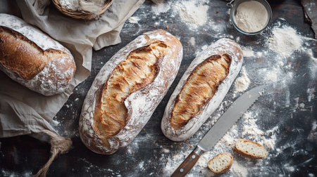 Freshly baked bread on a dark wooden background. Top view.