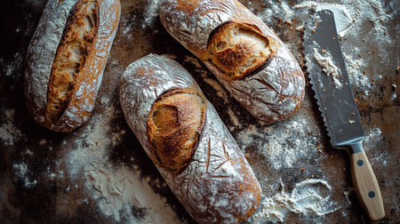 Freshly baked baguettes on a baking sheet with a knife