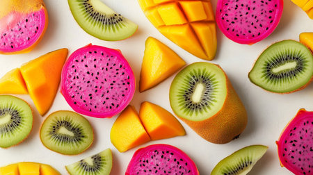 Variety of exotic fruits (dragon fruit, papaya, kiwi, mango)