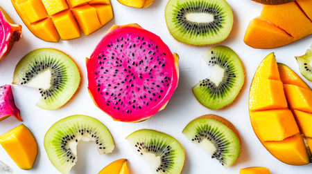 Variety of exotic fruits on a white background. Top view.