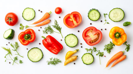 Different fresh vegetables on white background, top view. Vegetarian food
