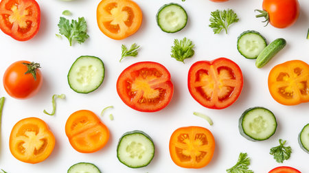 Cucumber, tomato, pepper and parsley on white background