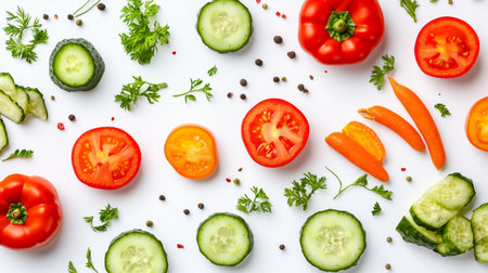 Flat lay composition with fresh vegetables on white background, top view