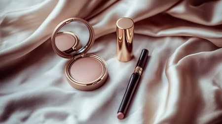 Cosmetic branding, girly and glamour concept - Eyeshadow palette and make-up brush on silk background, eye shadows cosmetics product for luxury beauty brand promotion and holiday fashion blog designの写真素材