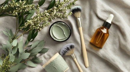 Flat lay composition with cosmetic products and eucalyptus branches on fabric