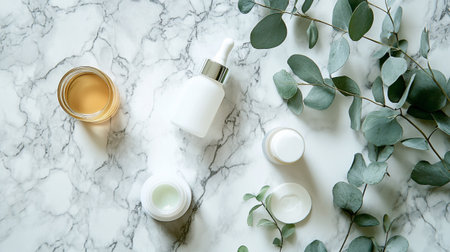 Flat lay composition with natural cosmetic products and eucalyptus branchesle background