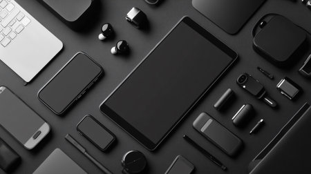 Top view of black office desk table with smartphone, laptop, tablet and other items. Mock upの写真素材