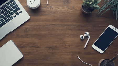 Flat lay of office desk with laptop, smartphone and coffee cupの写真素材