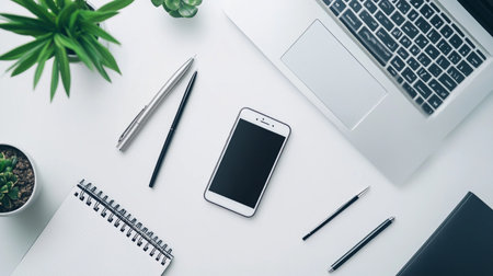 White office desk table with laptop, smartphone and supplies. Top view with copy space, flat layの写真素材