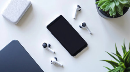 Top view of white office desk table with laptop, smartphone and earphones.の写真素材
