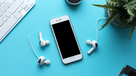 Smartphone with earphones and keyboard on blue background, top viewの写真素材