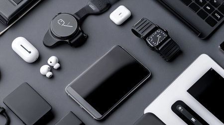 Flat lay of smart watch and mobile phone on black background.の写真素材