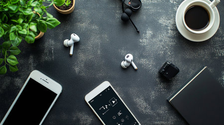 Top view of modern workspace with smartphone, notebook, earphones and coffee cup on dark backgroundの写真素材