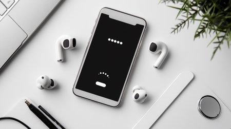 Smartphone with blank screen and wireless earphones on white table. Top viewの写真素材