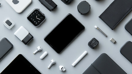 Top view of smartphone, tablet, smart watch, earphones and smartwatch on grey background