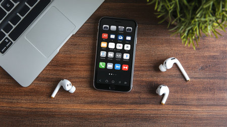 iPhone and AirPods on wooden desk.の写真素材
