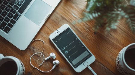 Smartphone with music application on screen and earphones on wooden tableの写真素材