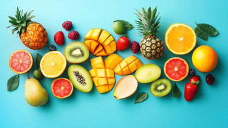Flat lay composition with fresh tropical fruits on color background, space for text