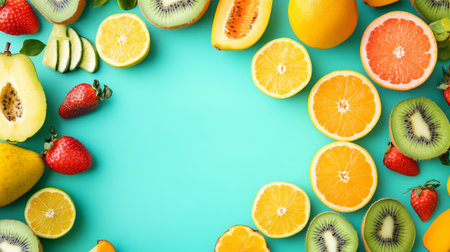 Frame made of different fruits on mint background, flat lay. Space for text