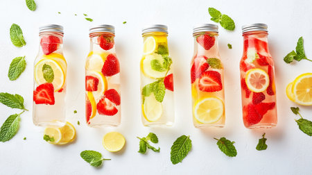Bottles of homemade lemonade with strawberries, lemon and mint on white backgroundの写真素材
