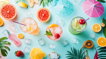 Colorful summer drinks on blue background. Top view, flat layの写真素材