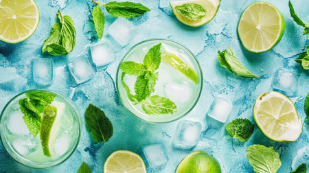 Mojito cocktail with lime, mint and ice on blue background