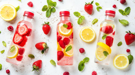 Infused water with fresh strawberries, lemon and mint on white backgroundの写真素材