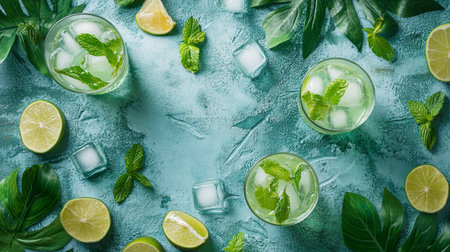 Refreshing mojito cocktail with lime, mint and ice on blue backgroundの写真素材