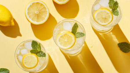 Glasses of lemonade with ice and mint on yellow background, top viewの写真素材