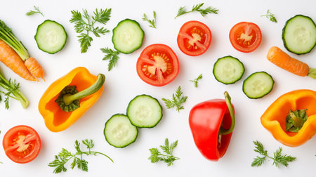 Fresh vegetables on white background, top view. Vegetarian food concept