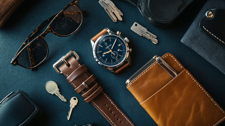 Men's accessories on a blue background. Men's accessories for men.